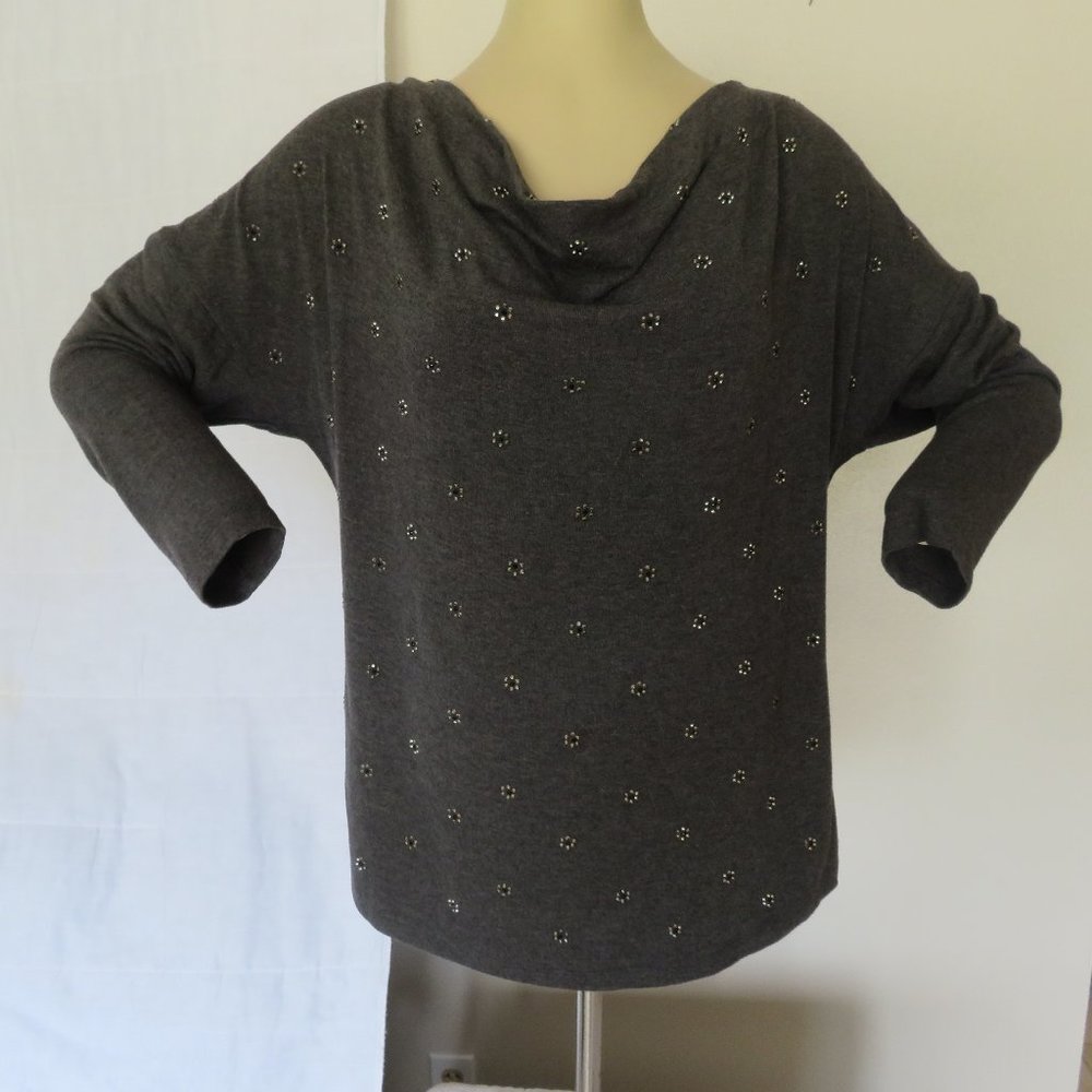 Roz & Ali Gray Sweater Sequin Details Cowl Neck 1X